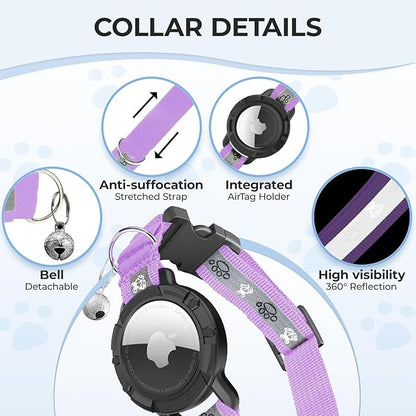 Breakaway AirTag Cat Collar, Reflective Cat Tracker Collar with Air Tag Holder and Bell, Safety Elastic Band Cat GPS Collars for Girl Boy Cats, Kittens and Puppies (Lilac, 8-13'')