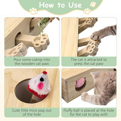 kathson Whack A Mole Cat Toy, Wooden Enrichment for Indoor Cat, Interactive Kitten Puzzle Toy for All Ages Cats Intelligence Training and Exercise (Rectangular)