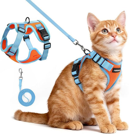 rabbitgoo Cat Harness and Leash Set, Escape Proof Soft Adjustable Vest Harnesses for Outdoor Walking, Easy Control Breathable Kitten Jacket with Reflective Strips, Orange & Light Blue, XS