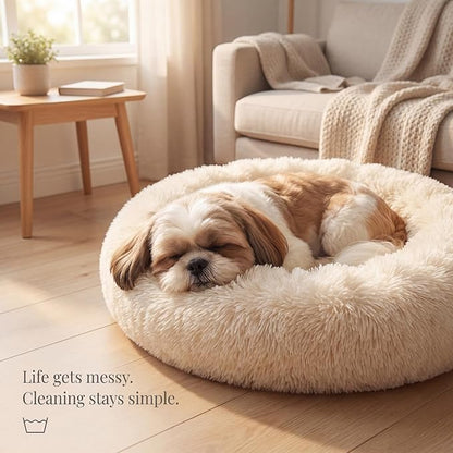 Calming Donut Dogs Beds for Small Dogs Washable,23inch Plush Round Pet Bed for Cozy Sleep,Fluffy Faux Fur Large Cat Bed,Fits up to 25 lbs Pets,Beige