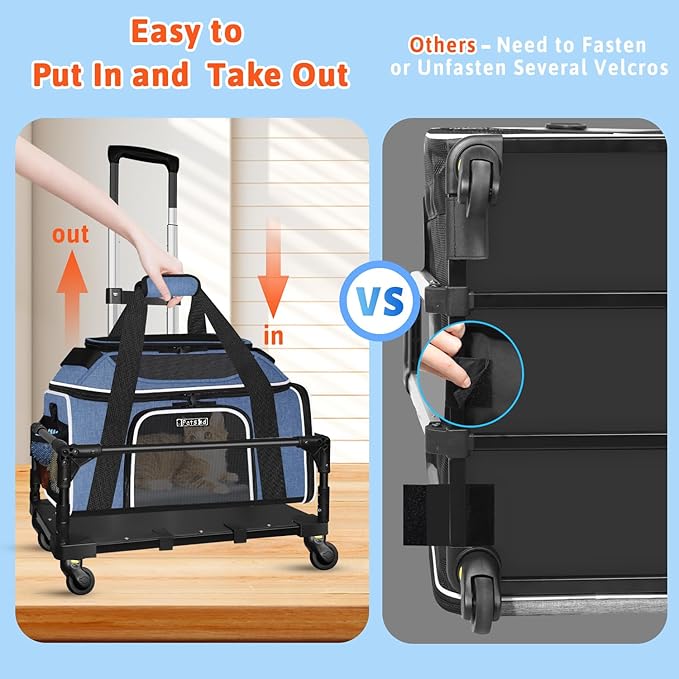Petskd Top and Side Expandable Pet Carrier with Wheels 18x11x11 Inches Delta United Airline Approved, Soft-Sided Carrier for Small Cats and Dogs with Locking Safety Zippers and Anti-Scratch Mesh(Blue)
