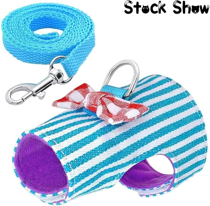 Stock Show Small Pet Outdoor Walking Harness Vest and Leash Set with Cute Bowknot Decor Chest Strap Harness for Rat Ferret Hamster Squirrel Clothes Accessory, Blue Stripe