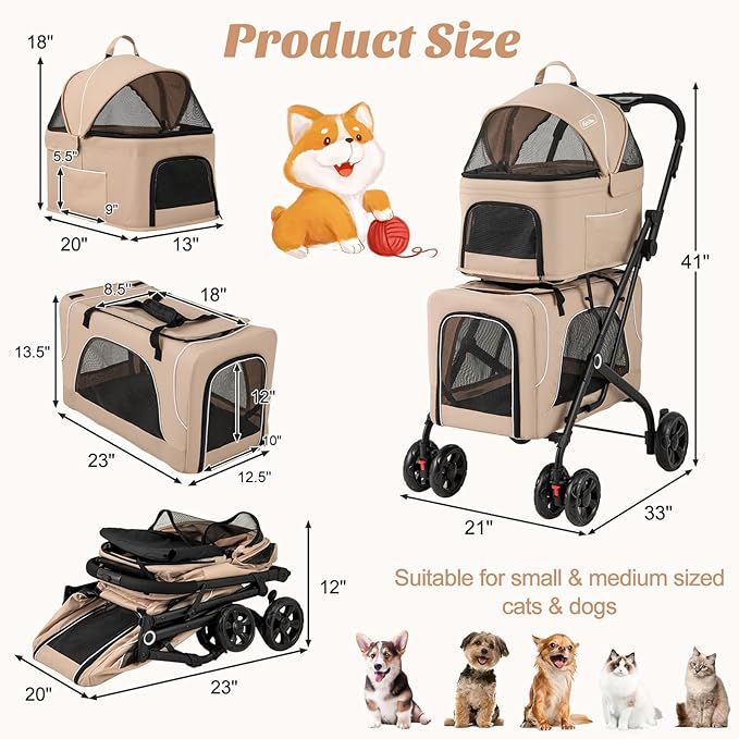 PETSITE Double Dog Stroller, Foldable 3-in-1 4 Wheels Cat Stroller with 2 Detachable Carriers, Safety Belt, Washable Cover, Removable Pads for Small Medium Dogs Cats (Beige)