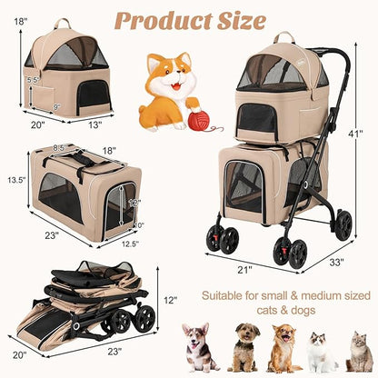 PETSITE Double Dog Stroller, Foldable 3-in-1 4 Wheels Cat Stroller with 2 Detachable Carriers, Safety Belt, Washable Cover, Removable Pads for Small Medium Dogs Cats (Beige)