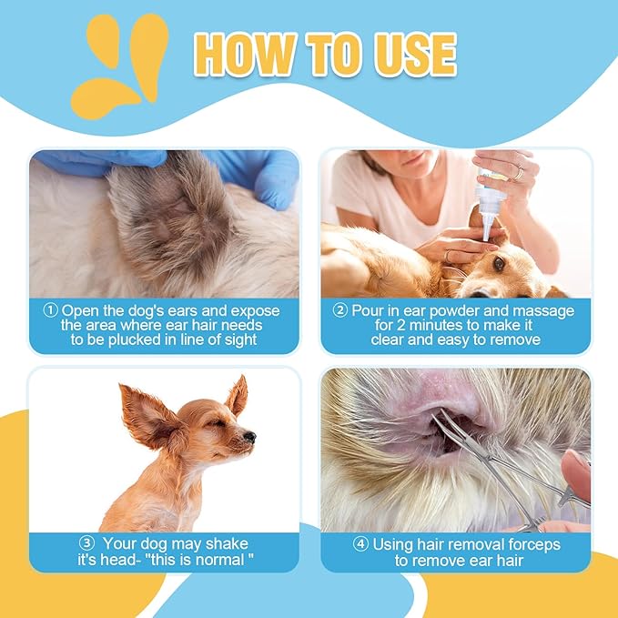 Dog Ear Care Kit - Dog Ear Powder for Hair Removal (42g) with Curved Grooming Tweezers - Effective Solution for Smelly Ears, Wax Buildup