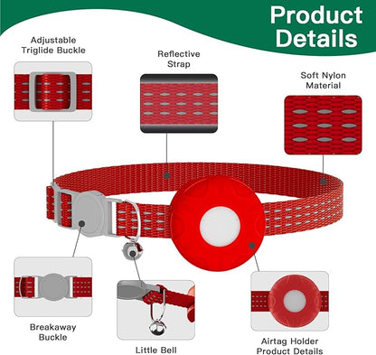 Cat Tracker Collar,No Monthly Fee Pet Tracker for Cats (Only iOS),Waterproof Tracker Cat Collars with Safety Elastic Buckle,Cat Tracker Compatible with Apple Find My App-Red