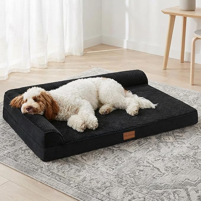 Orthopedic Dog Bed Medium Size Dog 30''X20'', Waterproof L Bolster Egg Crate Foam Pet Crate Beds with Washable Removable Cover, Non-Slip Soft Pet Couch Sleep Mat, Black