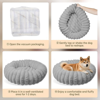 Donut Dog and Cat Bed, Luxurious Comfortable Faux Rabbit Fur Pet Beds, Soft Anti-Anxiety Calming Puppy Kitten Bed with Anti-Slip Bottom for Small Medium Dogs & Cats(23", Grey)