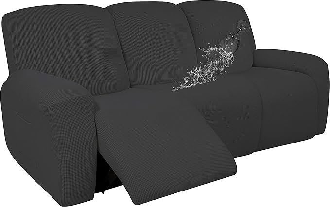 Easy-Going 100% Dual Waterproof Recliner Sofa Cover, 8-Pieces Stretch Relining Couch Cover with Pocket, Jacquard 3 Seat Sofa Slipcover Leakproof Washable (Sofa, Dark Gray)