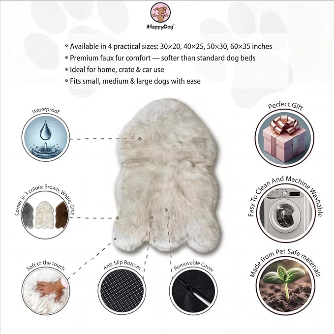 IHAPPYDOG Luxury Faux Fur Orthopedic Dog Bed, Memory Foam Dog Bed for Small, Medium, Large and XL Pets, Fluffy Pet Bed with Waterproof and Washable Cover (White w/Brown Tips, 30"x20")