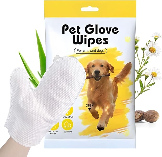 Pet Glove Wipes for Dogs Cats, Dog Cleaning Gloves, Dog Wipes Cleaning Deodorizing, Pet Wipes for Dogs Cats, Extra Thick, Unscented Rinse Free Nourish Fur Glove Wipes for Daily Care and Traveling-6pcs