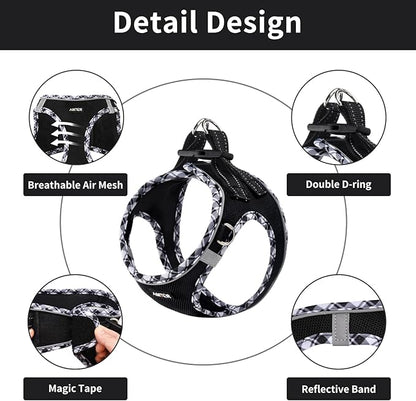 AMTOR Small Dog Harness with Leash Set, No Escape Easy Walk Puppy Harnesses for Training Walking, Step-in Reflective Soft Dogs Vest for XS S Medium Extra-Small Large Sized Dog(Black/GreyWhite,Small)