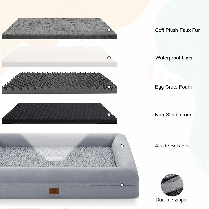 Jumbo Orthopedic Dog Beds, Washable Dog Bed with 4-Sides Removable Bolster, Waterproof Pet Bed Egg Crate Foam with Non-Slip Bottom for Large Dogs, Grey