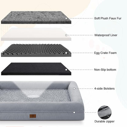Jumbo Orthopedic Dog Beds, Washable Dog Bed with 4-Sides Removable Bolster, Waterproof Pet Bed Egg Crate Foam with Non-Slip Bottom for Large Dogs, Grey