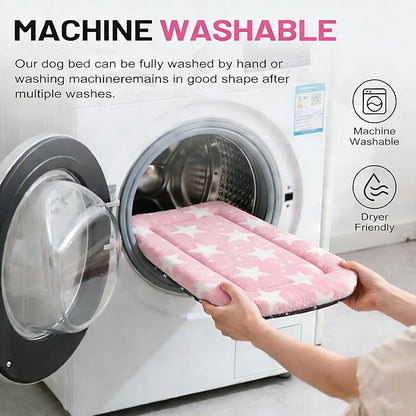 Dog Bed Mat, Reversible Crate Pad & Durable Dog Bed - Machine Washable Kennel Mat with Ultra Soft for Large Dogs (Big&Small Stars Pink, 35" L*23" W*1.5" Th)