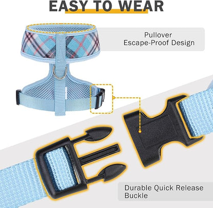 SCENEREAL Puppy Dog Harness with Leash Set for Small Medium Sized Dogs, Soft Mesh Pet Harnesses and Leash, No Chock Plaid Adjustable No Pull Vest for Dogs Cats, Chihuahua,Bulldog (Blue XS)