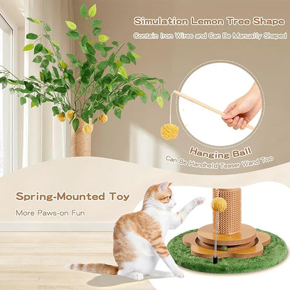 45" Tall Cat Scratching Post with Sisal Rope for Indoor Cats Adults Kittens, Cat Tree Scratcher with Hanging Balls, Self Groomer, Track Balls