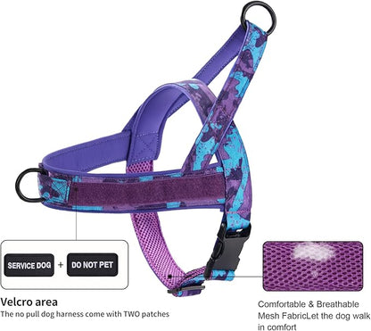 Annchwool No Pull Dog Harness,Heavy Duty Collar & Leash Set-Leash with Double Handle & Car Seatbelt Clip-Easy Control for Walking Training Medium Large Size Dogs(Camo Purple,S)