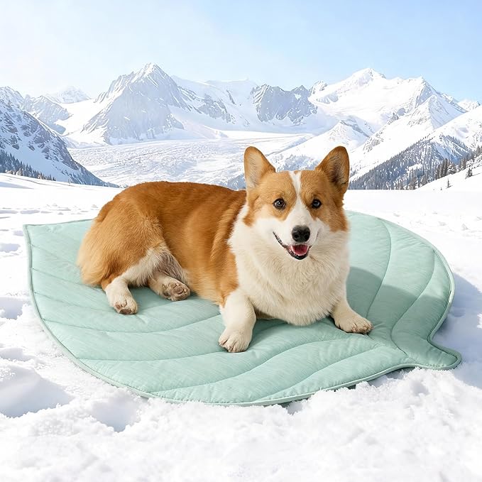 COZY KISS Dog Cooling Mat, Q-Max > 0.4 Leaf Shaped Pet Pad, Liquid Pee Proof Summer Mat for Cats, Washable Sleep Blanket for Bed Couch Floor Indoor, 39x34 inch, Green