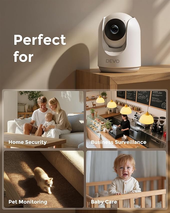 Devo Indoor Security Camera for Home, 2K 360 Pan-Tilt Pet Dog Baby Monitor Camera with Phone App, WiFi Smart Camera Motion Detection, Color Night Vision, 2-Way Audio, 256GB SD White