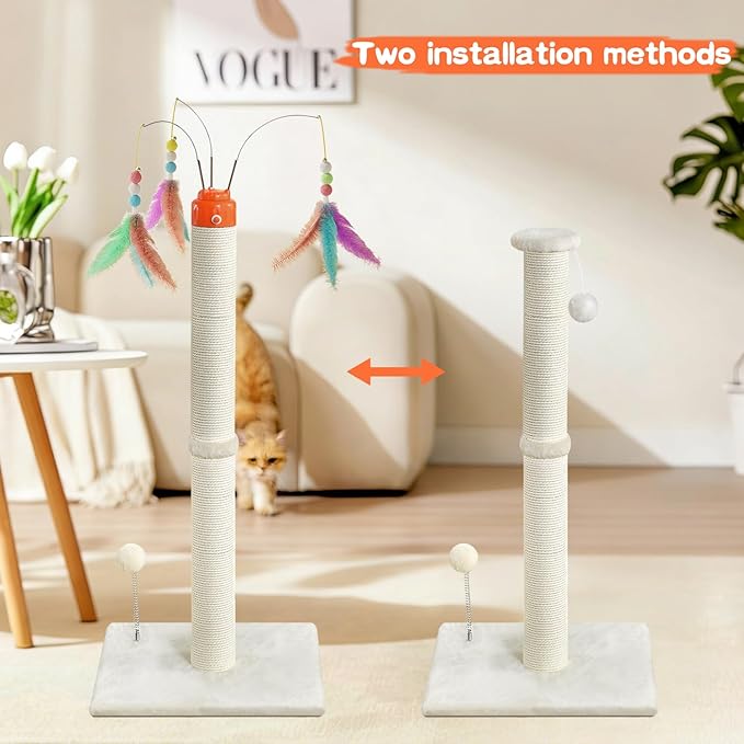 YARUOMY Cat Scratching Post ，33.4" Sisal Rope Cat Scratcher Tall Scratching Post for Indoor Cats with Interactive Cat Toys Automatic Teaser Wand and Rotating Hanging Balls