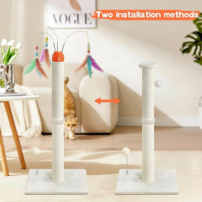 YARUOMY Cat Scratching Post ，33.4" Sisal Rope Cat Scratcher Tall Scratching Post for Indoor Cats with Interactive Cat Toys Automatic Teaser Wand and Rotating Hanging Balls