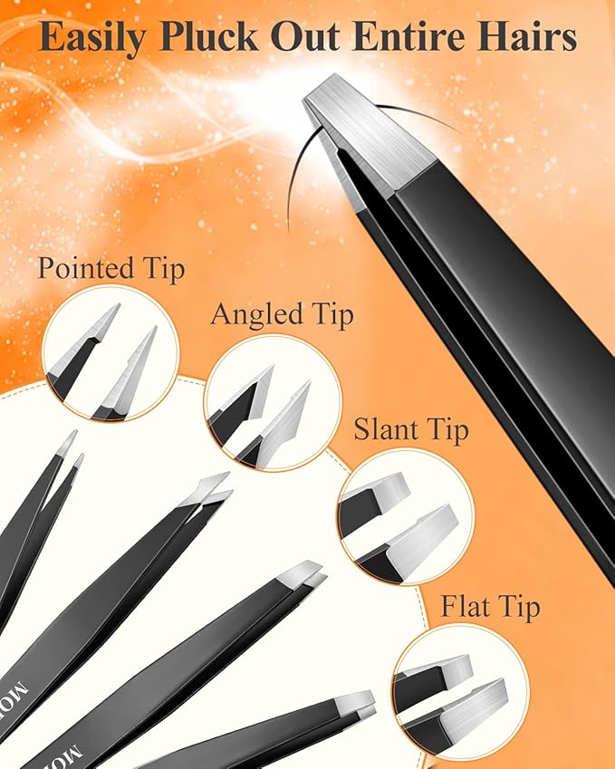 MORGLES Tweezers Set for Men, 10 in 1 Professional Eyebrow Tweezers Kit with Razor, Scissors and Blackhead Remover Tools with Travel Bag, Grooming Beauty Set (Black)