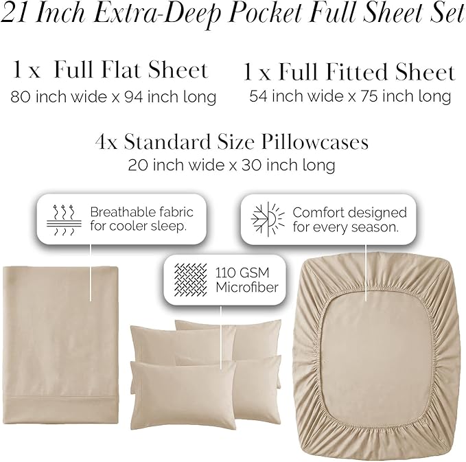 Southshore Fine Living, Inc. 6-Piece Full Bed Sheets Set, 21-Inch Deep Pocket Full Size Sheets Set, Deep Pocket Fitted Sheet, Flat Sheet, Microfiber Bedding, Beige Pillow Cases, Tan Bedding, Soft Sand