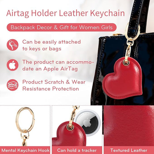 Leather Charm Keychain Holder Case Compatible with AirTag,Cute Protective Star-Shaped Cover with Luxe Ring Clip,Finder GPS Tracker Case for Wallet Keys,Bag,Pets(Red)