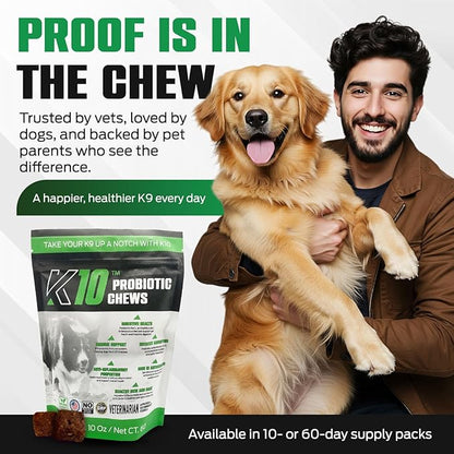 K10 Probiotic Chews for Dogs (60ct) – Advanced Digestive Support with Probiotics, Prebiotics & Superfoods – Vet-Preferred Dog Supplement for Digestion, Immunity, Skin, Coat & Everyday Vitality