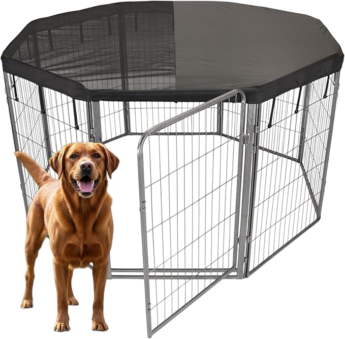 Dog Playpen w/Octagon Top Shade Cover - 40 inch, 8 Panel Portable Grey Metal Pet Play Pen for Medium & Large Dogs - Indoor/Outdoor Kennel Cage for Home, Yard, RV, or Camping