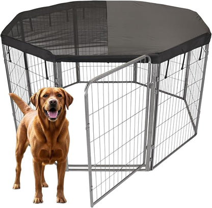 Dog Playpen w/Octagon Top Shade Cover - 40 inch, 8 Panel Portable Grey Metal Pet Play Pen for Medium & Large Dogs - Indoor/Outdoor Kennel Cage for Home, Yard, RV, or Camping