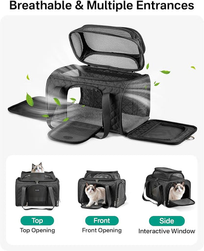 Cat Carrier Airline Approved 17x11x9.5 Inches, Top Expandable Soft Sided Pet Travel Carrier for Cats & Small Dogs, Fits Under Airline Seat with Locking Zippers, Black