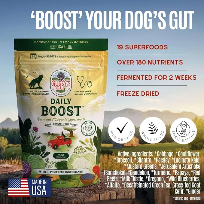 Gussy's Gut Daily Boost- Fermented Organic Superfood Reset & Reboot Dog Gut Health- Human Grade Pre & Probiotic Digestive Supplement- USA Made Small Batch 19 Ingredient Formula- Reset Phase (3 Oz)