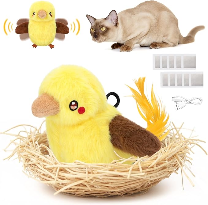 Cat Toys Flapping Birds with Catnip Bags, Rechargeable Chirping Interactive Cat Toy Kicker, Lifelike Birdie Tweets, Indoor Enrichment Moving Wings Cat Exercise Toys for All Breeds Kitten Dog(Oriole)
