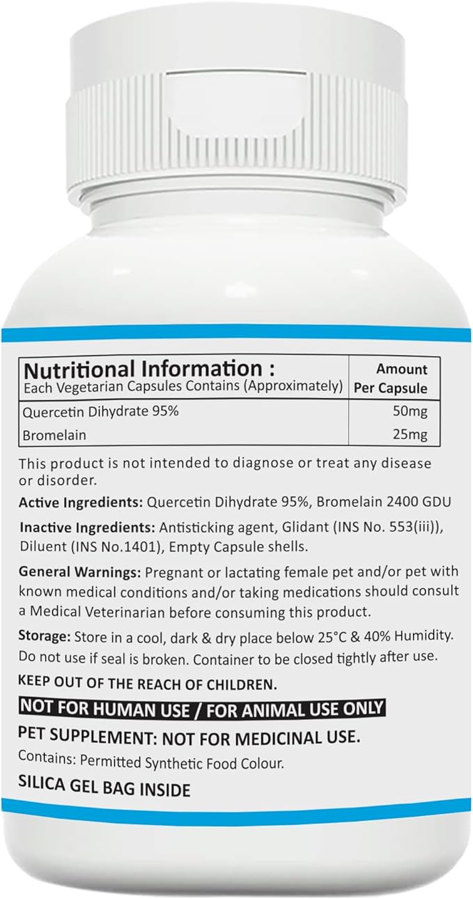 Quercetin with Bromelain Pet Supplement, 100 Capsules, Immune Health Support, Allergy Relief, Itchy Skin Relief for Dogs and Cats