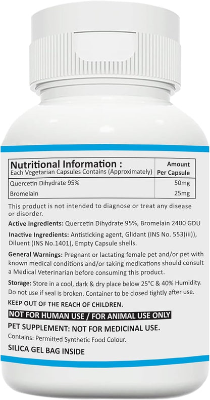 Quercetin with Bromelain Pet Supplement, 100 Capsules, Immune Health Support, Allergy Relief, Itchy Skin Relief for Dogs and Cats
