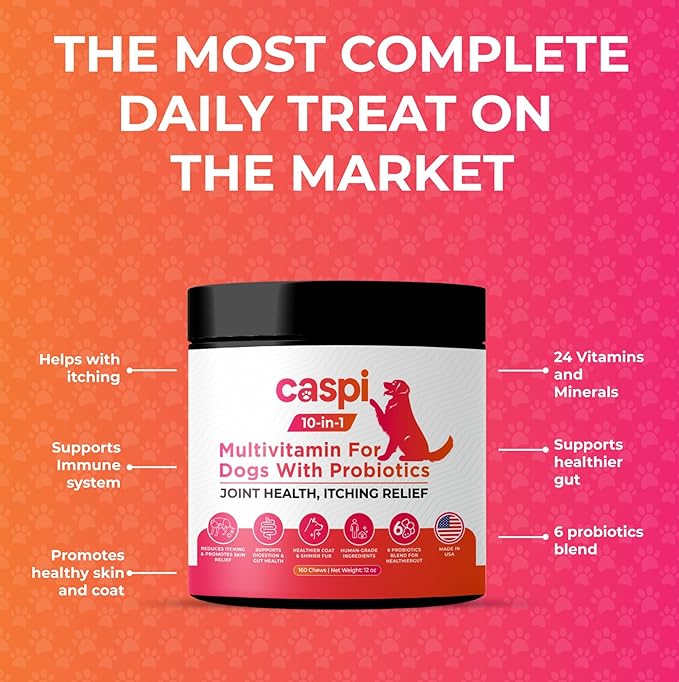 Caspi 10-in-1 Dog Multivitamin with Probiotics – Joint Health, Itching & Skin Relief, Omega-3 Salmon Oil, Glucosamine, Vitamins & Minerals – Daily Chew Supplement for Dogs – 160 Soft Chews