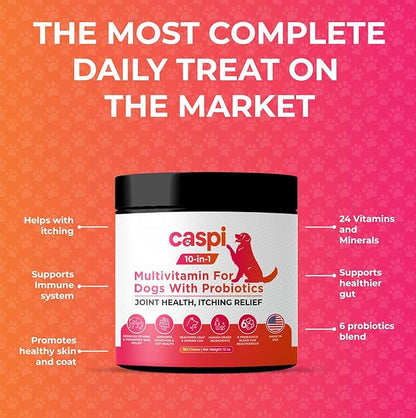 Caspi 10-in-1 Dog Multivitamin with Probiotics – Joint Health, Itching & Skin Relief, Omega-3 Salmon Oil, Glucosamine, Vitamins & Minerals – Daily Chew Supplement for Dogs – 160 Soft Chews