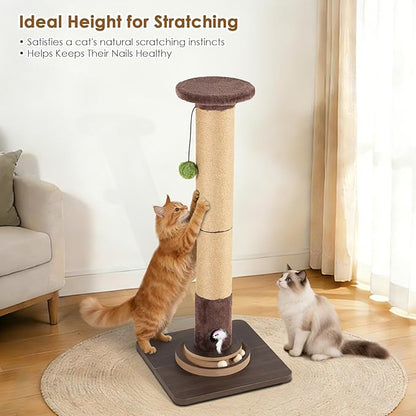 35.4" Tall Sisal Cat Scratching Post, Anti-Tip Stable Base, Interactive Mouse Hole & Toys, Furniture Grade Wood Cat Scratcher Tower for Indoor Cats