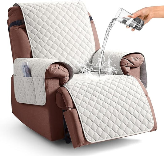 KinCam 100% Waterproof Recliner Chair Cover, Reclining Couch Covers for Pets, Dogs, Recliner Couch Slipcover Furniture Protector with Elastic Straps for Kids(25", Beige White)
