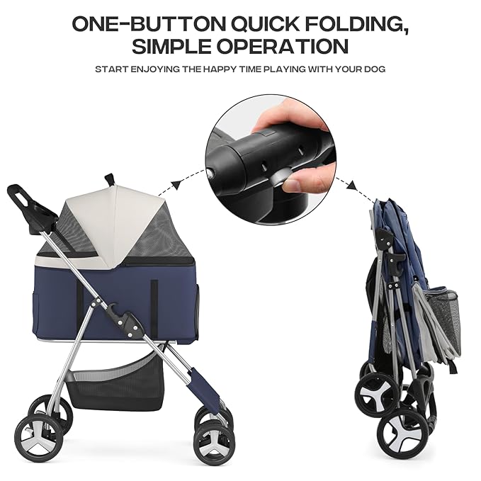 3-in-1 Visible Foldable Pet Carrier, Detachable Car Seat and Stroller with Push Button Entry for Small Pets, Cat Dog Carrier for Medium Dogs Cats Load Up to 33 lbs, Navy Blue
