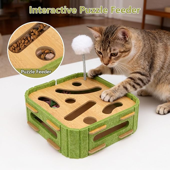 Hypeety Interactive Cat Scratch Puzzle Box Wooden Enrichment Toy Intelligence Treat Kitten Maze Puzzle Toy with Jingle Balls and Wands Mental Stimulation Games for Bored Indoor Cats