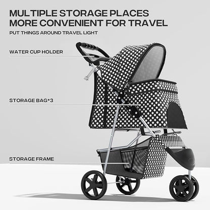 Pet Stroller for Small Dogs 10 lbs, Dog Stroller for Medium Dogs 30 lbs, Cat Strollers for 2 Cats, 3 Wheels Foldable Jogger Puppy Stroller with Storage Basket and Cup Holder, Black Polka Dots