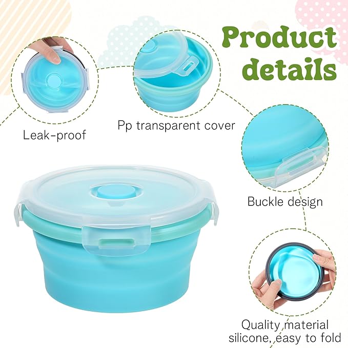 MAQUITA 6 Pcs Bowls with Lids Silicone Camping Food Storage Container Expandable Folding Salad Lunch Box Travel Container for Hiking Camping