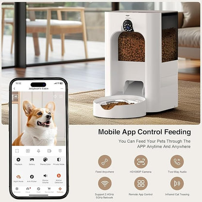 Smart Automatic Cat Feeder with 1080P Camera & Laser Toy, 5G WiFi 5L Pet Feeder for Cats & Dogs, Night Vision, Motion Detection, 2-Way Audio, APP Control, Timed Dry Food Dispenser