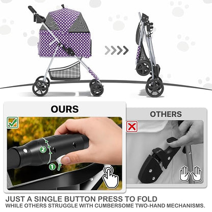 MoNiBloom 3 in 1 Foldable Pet Stroller for Small & Medium Dogs, Detachable Carrier, Car Seat, Push Button Entry, 4-Wheel Jogger for Pets up to 33 lbs, Purple Polka Dots