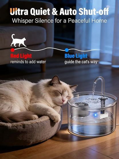 Cat Water Fountain, 74oz/2.2L Glass Automatic Water Fountain with Ultra-Quiet Auto Shut-Off Pump, Easy to Clean Pet Water Dispenser for Cats, Kittens Indoor (with 8 Filters)