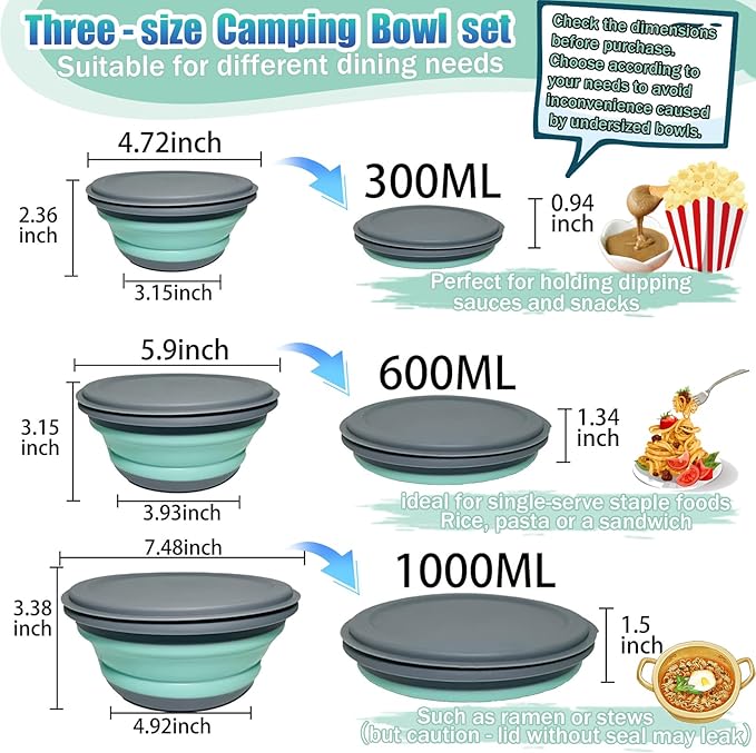 RMAMSCOV Collapsible Camping Bowl with Lid, Silicone Salad Bowl Serving, Microwave Foldable Soup Ramen Serving for Travel, Picnic, Rv(Blue)