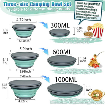 RMAMSCOV Collapsible Camping Bowl with Lid, Silicone Salad Bowl Serving, Microwave Foldable Soup Ramen Serving for Travel, Picnic, Rv(Blue)